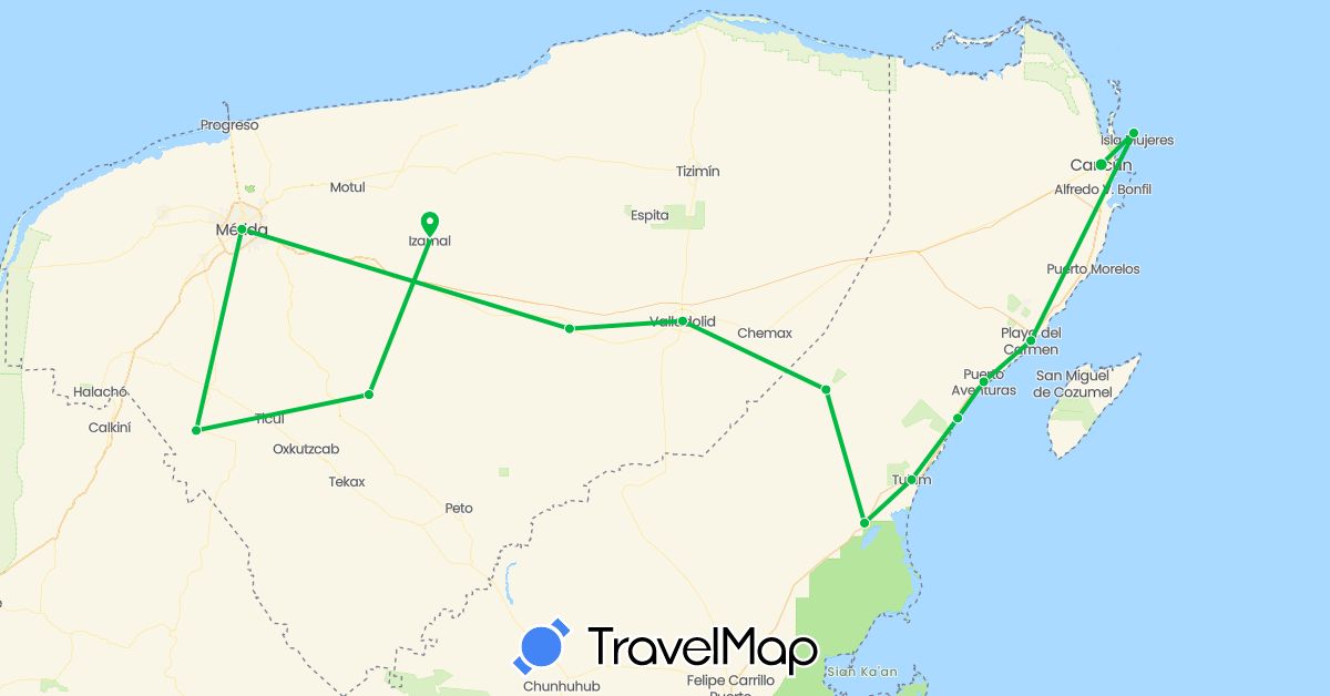 TravelMap itinerary: driving, bus in Mexico (North America)